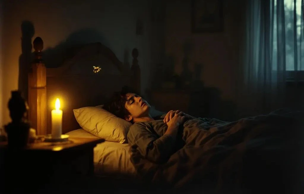 Un'ape vola attorno ad una candela in una camera da letto. Nel letto c'è una persona con il volto sofferente come di chi dorme male. L'immagine è generata in orizzontale con un filtro e una qualità tipici delle macchine fotografiche del 1960