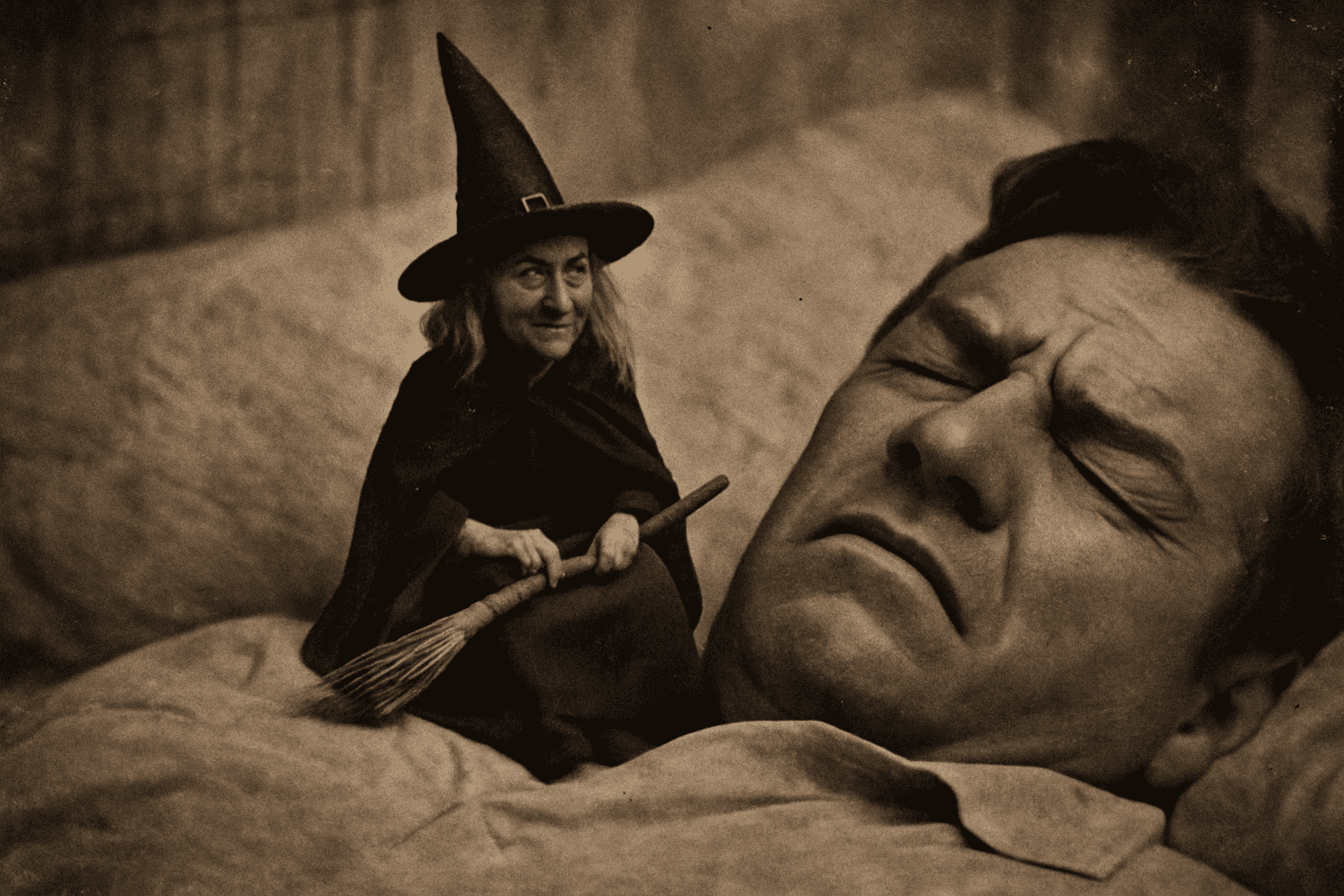 Una strega molto piccola seduta sul petto di una persona che dorme. La persona che dorme ha il viso sofferente come di chi dorme male. L'immagine è generata in orizzontale con un filtro e una qualità tipici delle macchine fotografiche del 1960